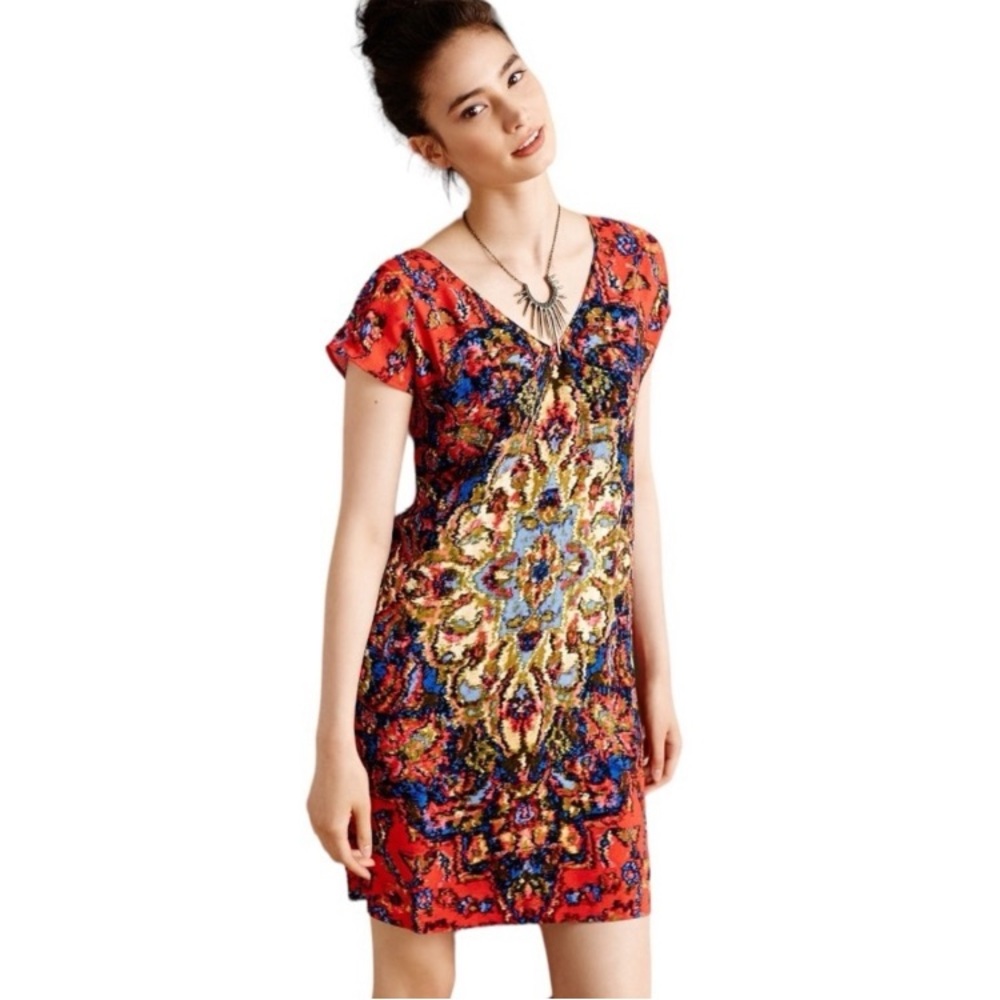 Maeve Anthropologie Prins Tunic Dress Shift Red Medallion Boho Small Petite